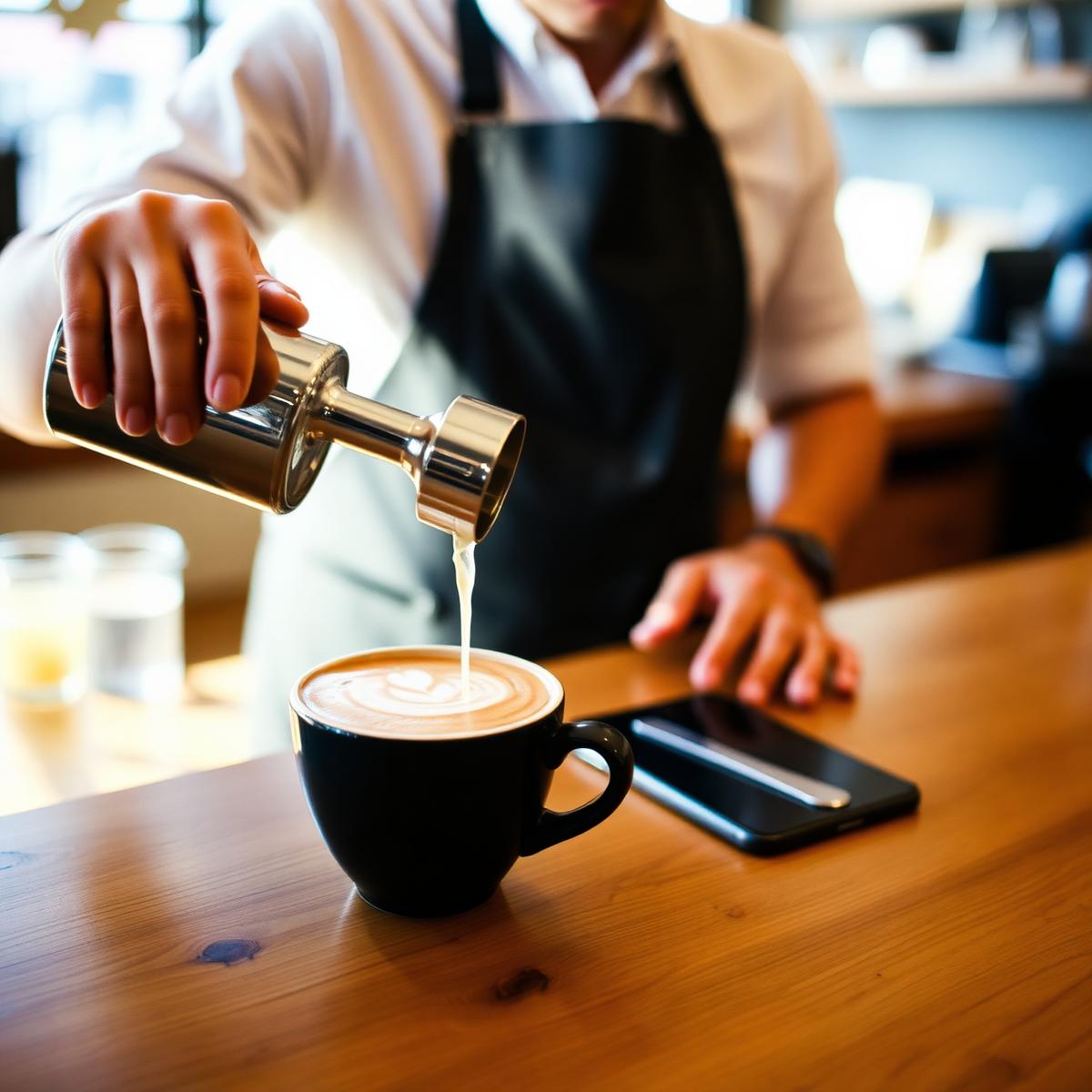 Barista pouring milk into a latte at the espresso bar