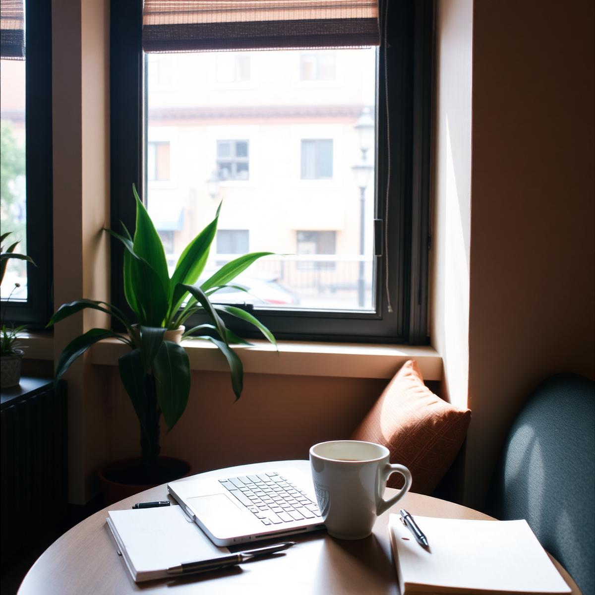 Quiet window table with a laptop, notebook and coffee